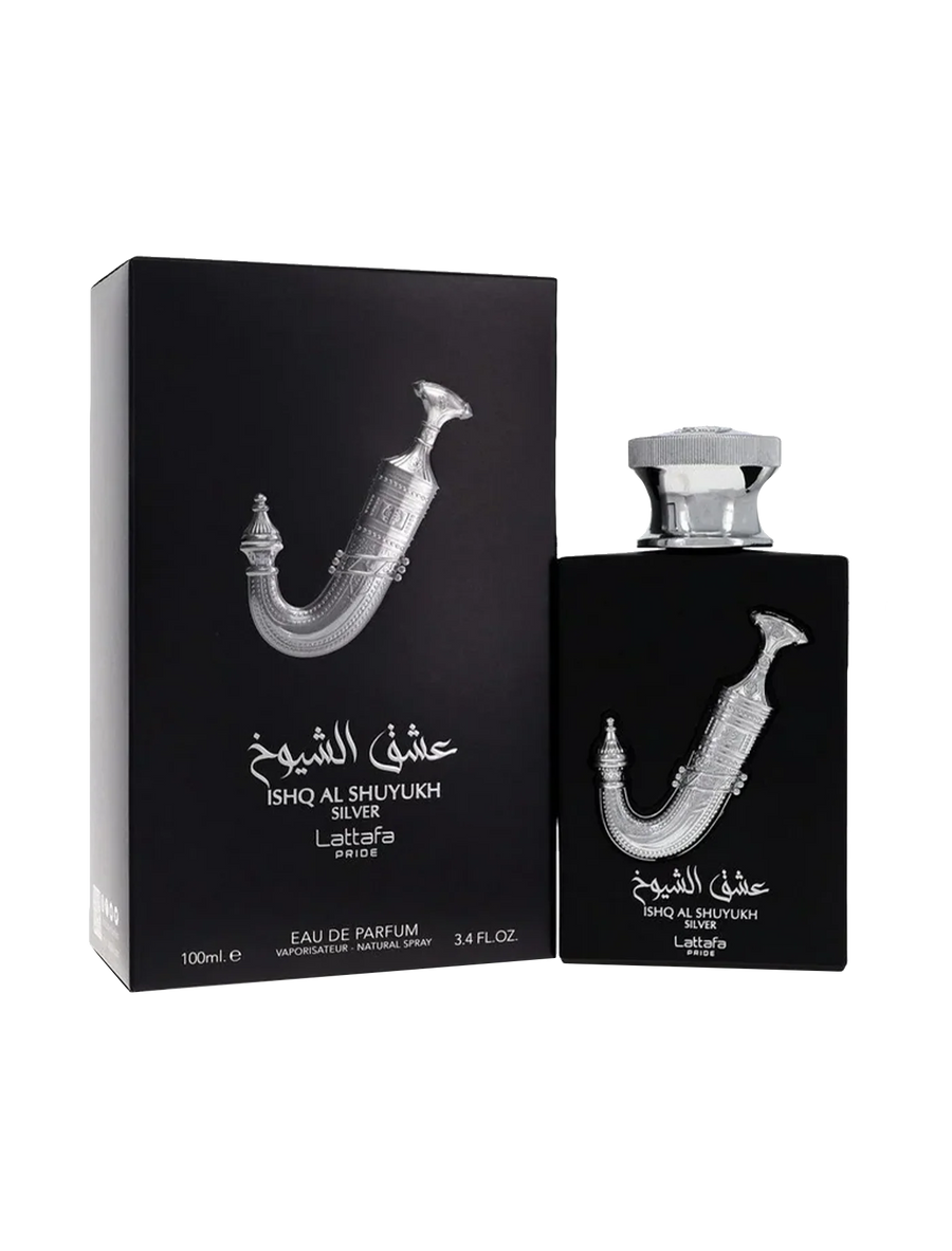 (DAMAGED NAYLO)LATTAFA ISHQ AL SHUYUKH SILVER EAU DE PARFUM 3.4FL.OZ FOR MEN